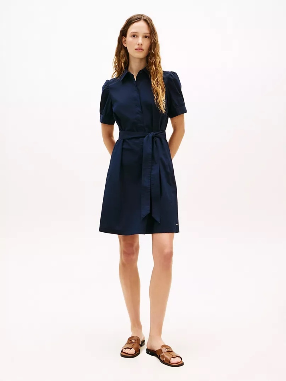 Tommy Hilfiger Navy Blue Puff Sleeve Belted Shirt Dress M